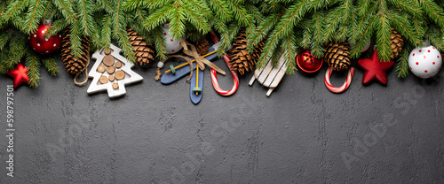Christmas fir tree branch with decor and space