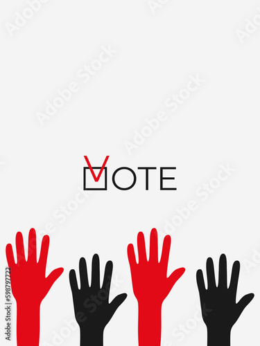 Time to vote. Voting concept vector. Putting ballot in the ballot box. General and presidential election. Election banner. Political agitation. Raised hands want to vote. Generative AI