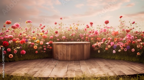 Natural podium product display backdrop with dreamy flower field background generative ai