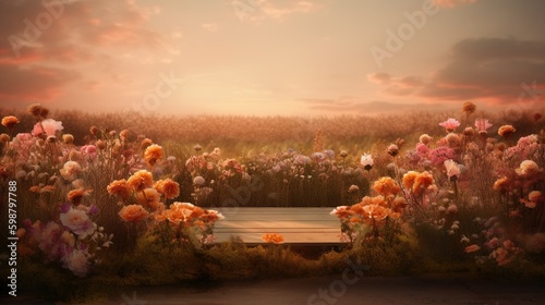 Natural podium product display backdrop with dreamy flower field background generative ai