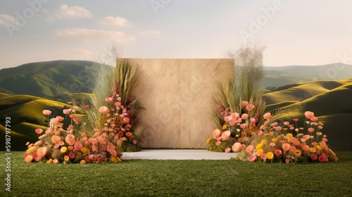 Natural podium product display backdrop with dreamy flower field background generative ai