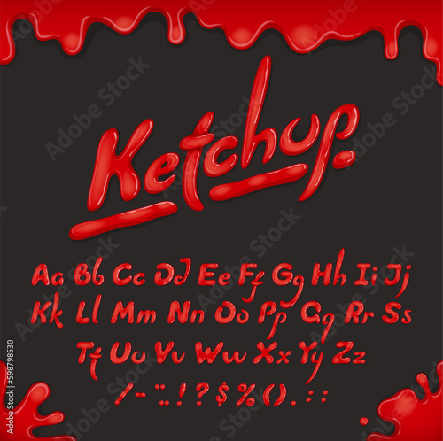 Ketchup font type or typeface cooking alphabet of tomato sauce letters, vector typography. Ketchup font or tomato sauce liquid type, food text script of red paint splash with ABC alphabet letters