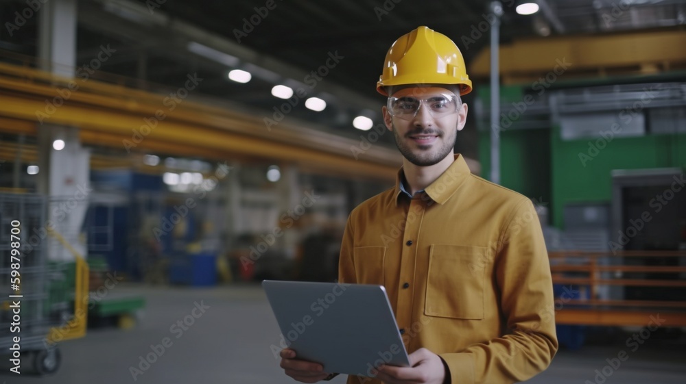 Engineer male focusing on the camera. working in factories. GENERATE AI Engineer male focusing on the camera. working in factories. GENERATE AI