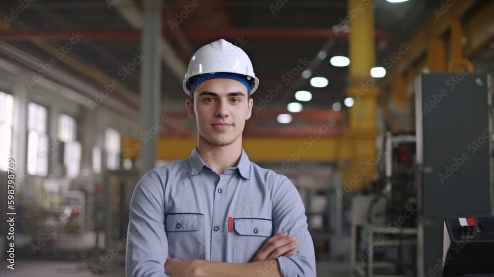 Engineer male focusing on the camera. working in factories. GENERATE AI Engineer male focusing on the camera. working in factories. GENERATE AI
