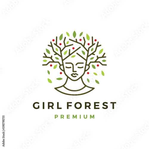 Girl Woman Women Forest Tree Leaf Logo Vector Icon illustration