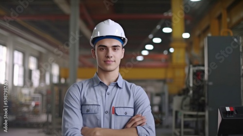 Engineer male focusing on the camera. working in factories. GENERATE AI