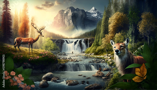 Beautiful Nature Lovely Countryside Sunset and Waterfall on the Mountains Green moss, Forest Trees, Flowers, Birds, Deer Animal
