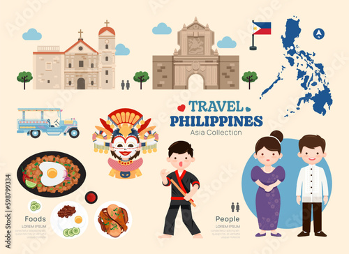 Travel Philippine flat icons set. Filipino element icon map and landmarks symbols and objects collection. Vector Illustration