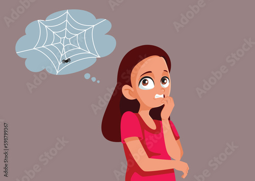 Young Fearful Girl Suffering from Arachnophobia Vector Cartoon Illustration. Stressed young girl feeling fearful and anxious 
