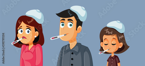 Sick Family Suffering for Influenza Viral Disease Vector Health Illustration. Parents and child having fever during contagious flu episode
