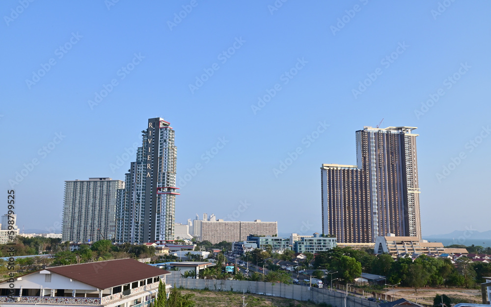 CHONBURI, THAILAND - May 05, 2023 : View of The top Modern Building with Blue Sky Background is in Patthaya, Chonburi, Thailand.