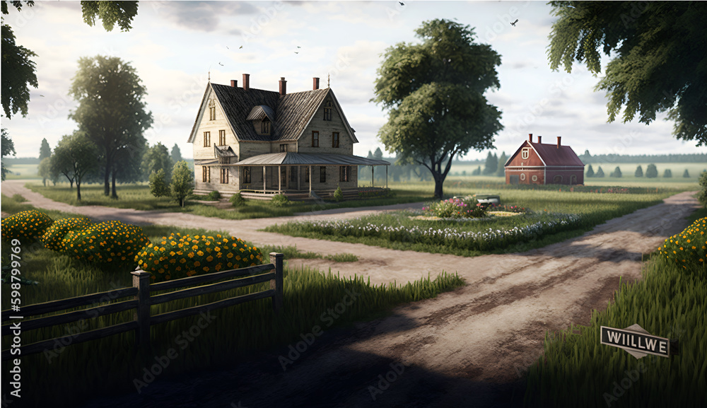 Naklejka premium Beautiful countryside House, Tree, Road