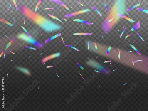 Holographic falling confetti glitters with bokeh light. Vector glittering shower with rainbow iridescent effect. Festive hologram foil cascades down from above isolated on transparent background