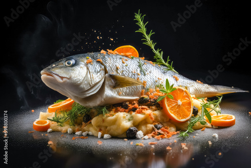 Cooking Dorado Fish with Herbs, Spices and Lemon closeup. Ai generated