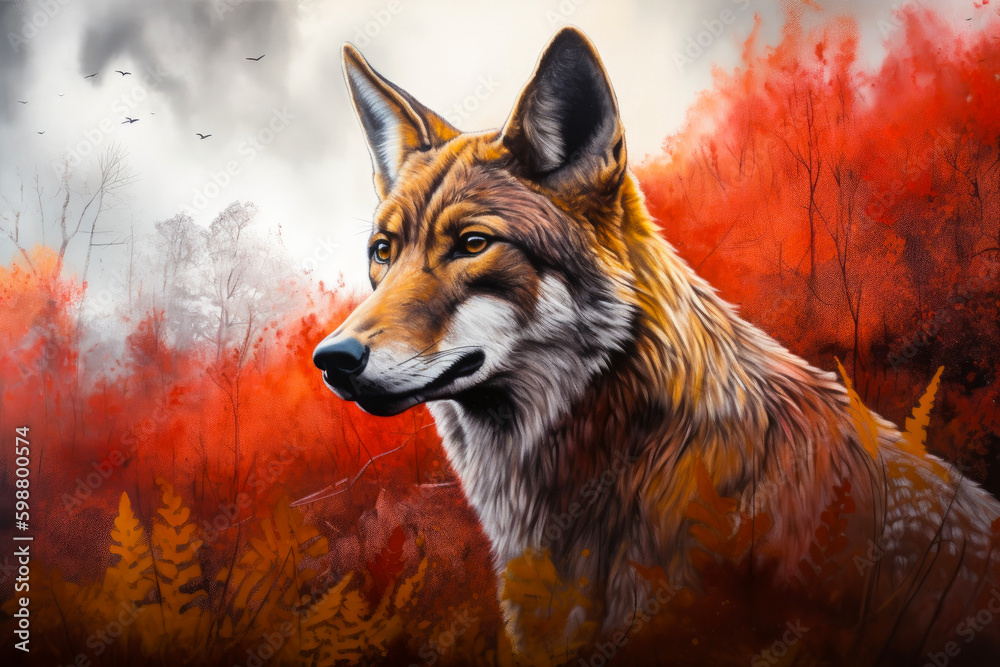 Red Wolf Drawing in Autumn with bold red and orange colors. Generative ai Red Wolf Drawing in Autumn with bold red and orange colors. Generative ai