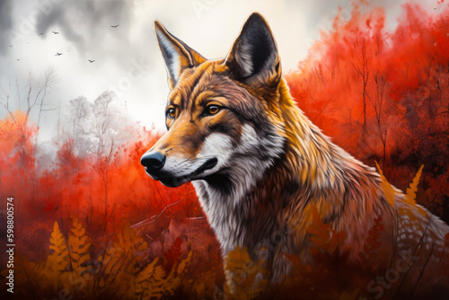 Red Wolf Drawing in Autumn with bold red and orange colors. Generative ai