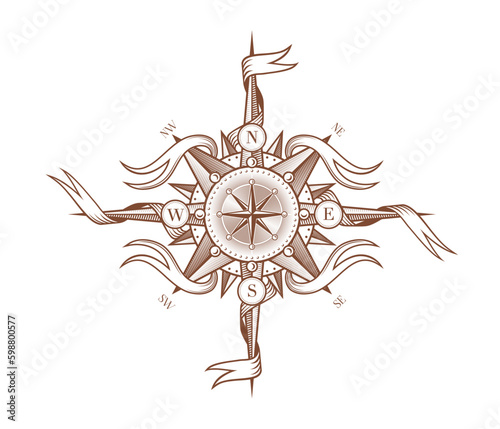 Vintage wind rose, Medieval compass with ribbons, sailing or pirate map vector marine symbol. Vintage ancient wind rose compass with woodcut engraving arrows and ribbons for north, south, east or west