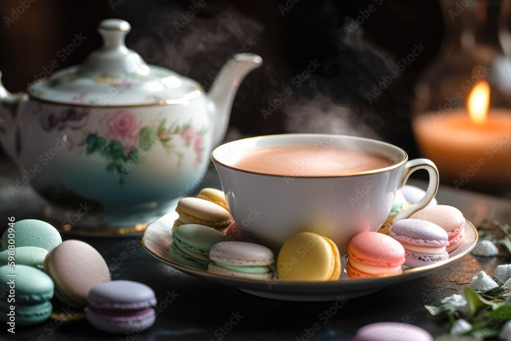 Macarons with Cup of tea. Ai generated