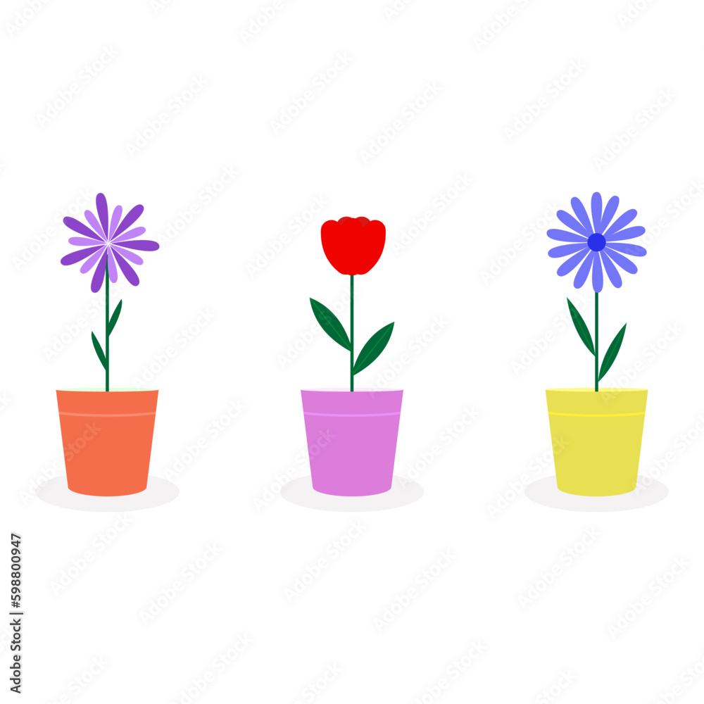 Set of colorful flowers in pots. Bright flat plants in flowerpots. Beautiful vector illustration