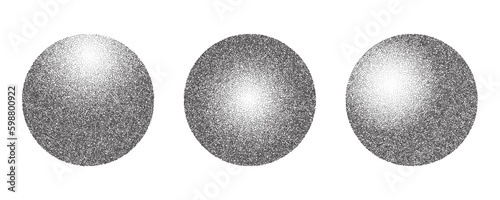 Grainy circles with noise dotted texture. Gradient balls with shadow on white background. Abstract planet sphere with halftone stipple effect. Vector shapes collection