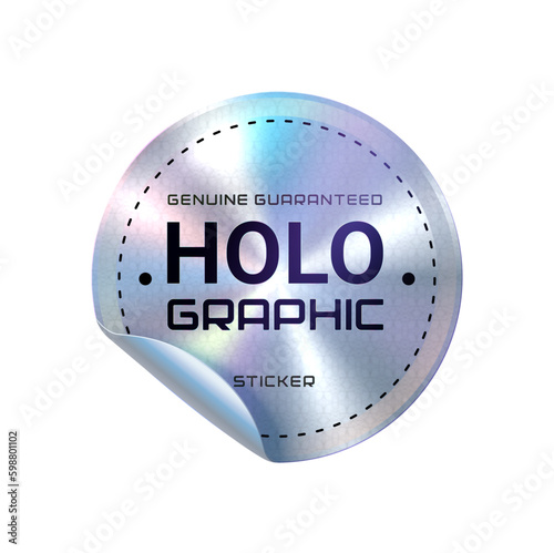 Product quality guarantee hologram round sticker. Certified product iridescent tag, authenticity guarantee shiny vector seal or premium holographic sticker. Quality foil circle label with bent side