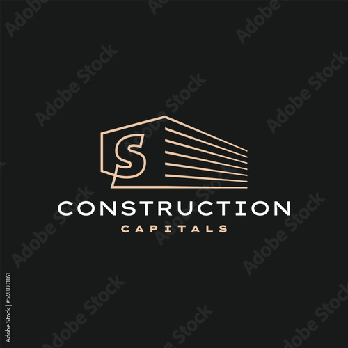 S Letter Construction 3D Perspective Gold Outline Logo Vector Icon Illustration