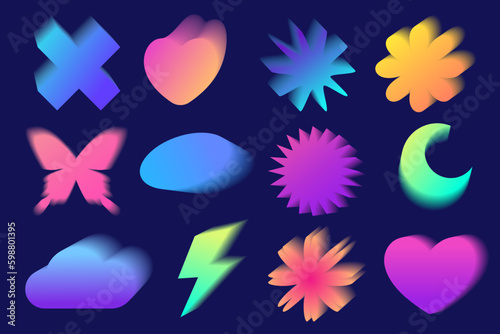 Y2k gradient shapes. Holographic soft elements. Abstract aura effect. Blurred aesthetic heart flower butterfly and lightning. Vector sticker set