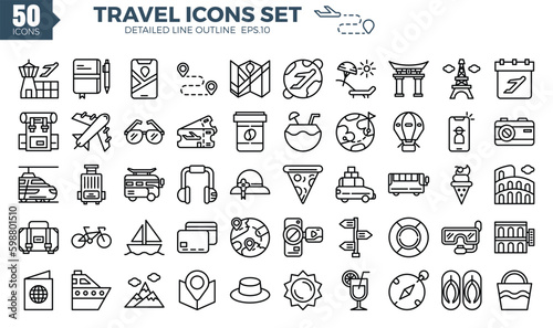 Travel icon set (detailed outline). The collection includes web design, application design, UI design,