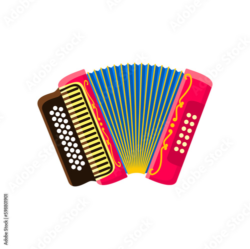 Barranquilla carnival holiday accordion musical instrument. Barranquilla traditional festival accordion, latin county party or Colombia culture holiday celebration isolated vector music instrument