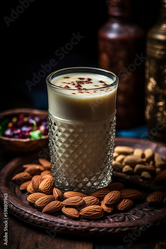 Summer famous sweet drink Lassi in Traditional glass, Lassi made with yogurt, sugar, saffron and topping with dry fruits