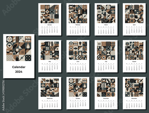 Calendar 2024 geometric patterns. Monthly calendar template for 2024 year with geometric shapes.