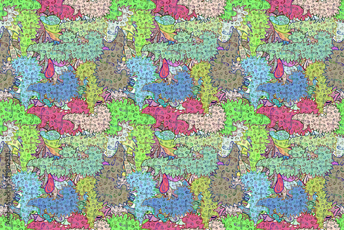 Cuadro en lienzo Seamless pattern with interesting doodles on colorfil background
