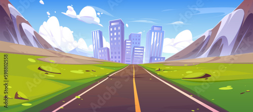 Spring landscape with road to city in mountain valley. Scene with town buildings, houses and skyscrapers on skyline, highway, green grass and rocks with snow, vector cartoon illustration