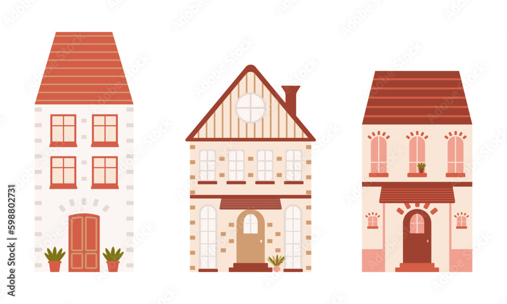 Set of cute scandinavian house in flat style isolated on white background.