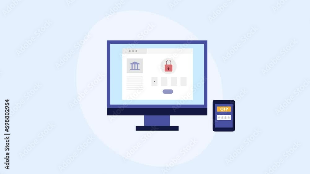 Secure internet banking from pc with OTP message authentication protecting online financial data transaction, digital payment application on smartphone, video animation. Secure internet banking from pc with OTP message authentication protecting online financial data transaction, digital payment application on smartphone, video animation.