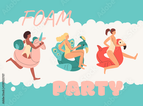 Joyful girls in swimsuits with inflatable circles rush to a foam party. Dancing in bubbles concept.
