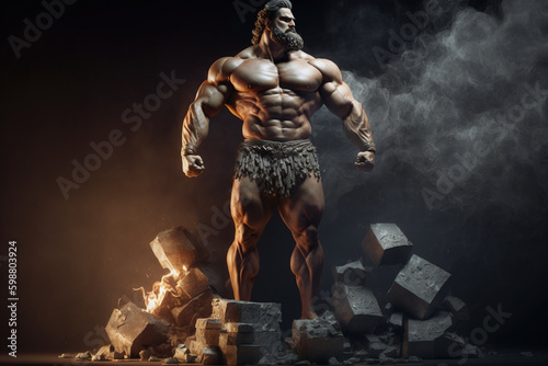 Powerful Hephaestus, the Greek god of fire, stands tall on a dark background. Generative AI photo