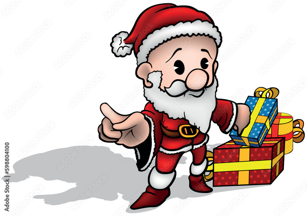 Funny Little Santa Claus in Red Costume with Christmas Gifts Funny Little Santa Claus in Red Costume with Christmas Gifts