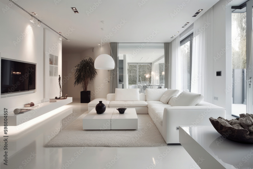 Fototapeta premium Modern living room design decorated in minimalist white tones