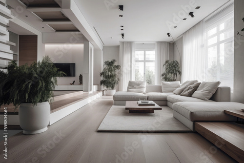 Modern living room design decorated in minimalist white tones