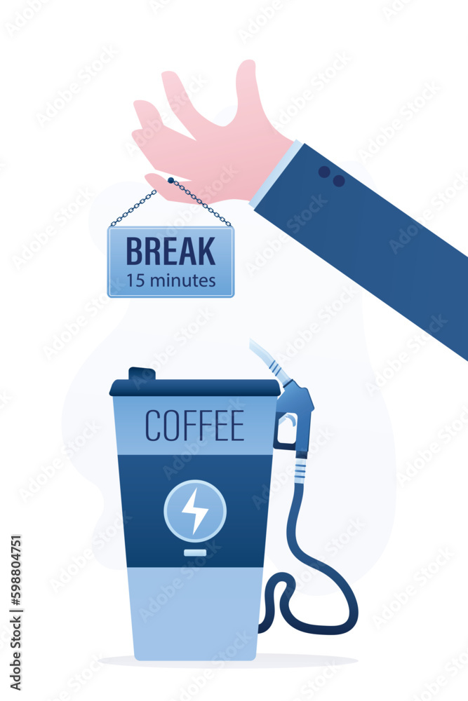 Cup of takeaway coffee with a fuel filling gun. Metaphor for coffee break, rest. Recharges low battery, charge of energy with mug of coffee. Boss hand  holds placard - break 15 minutes.