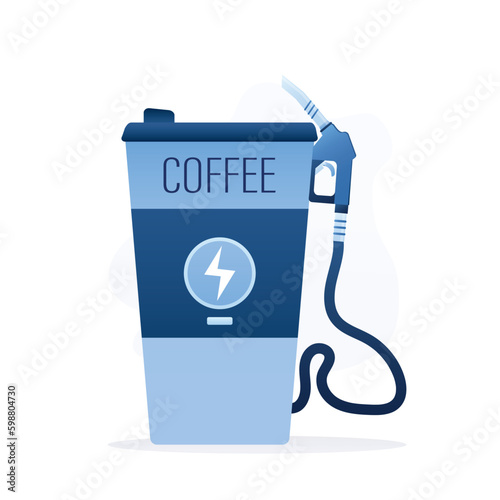 Cup of takeaway coffee with a fuel filling gun. Metaphor for coffee break, rest. Recharges low battery, charge of energy with mug of coffee. Design element for marketing,