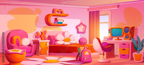 Girl bedroom in groovy style. Kids room interior with bed, flower pillow, rug in shape of daisy, school bag, computer on desk and pink armchair, vector cartoon illustration