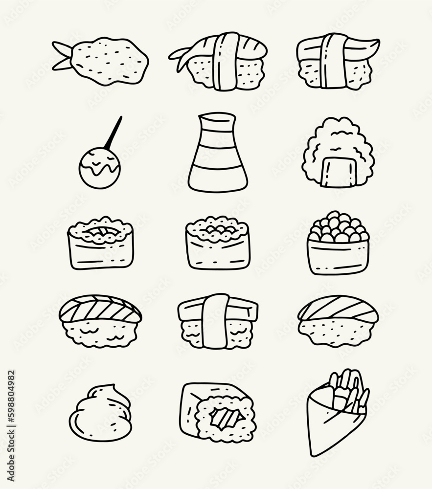 japanese food sushi hand drawn icon set