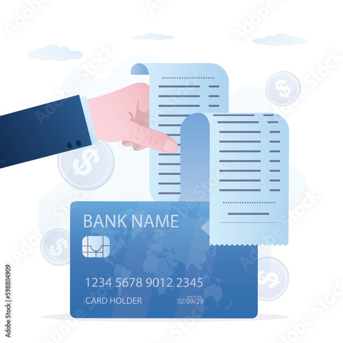 High repayments on credit card. Hand holds credit card billing report. Loan burden, financial problems. borrower confused about how to pay too many credit bills. Bankruptcy,