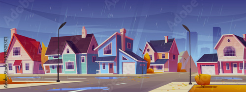 Town suburban neighborhood with houses and road intersection in rain. Autumn landscape of suburb with residential buildings, trees and bushes with orange leaves, vector cartoon illustration