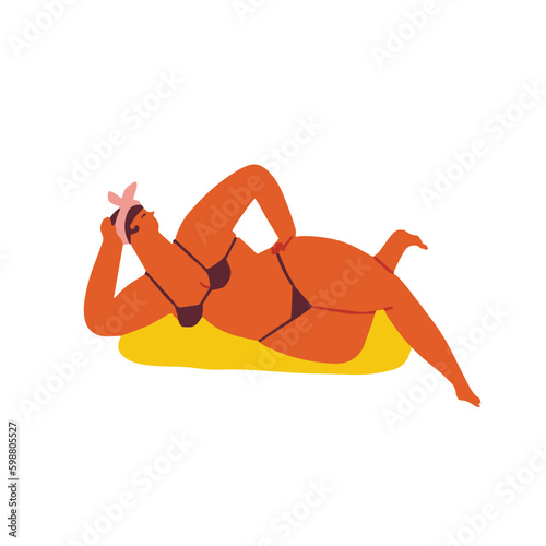 Funny women character on the beach relaxing taking sun bath. Body positive illustration. Vector illustration Generative AI