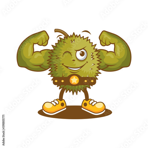 Durian cartoon mascot with muscular hand