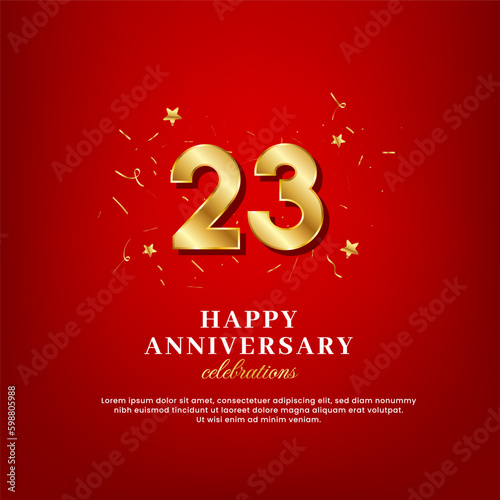 23 years of golden numbers, anniversary celebrating text, and anniversary congratulation text with golden confetti spread on a red background