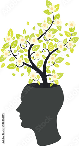 Blossoming tree with green leaves on head